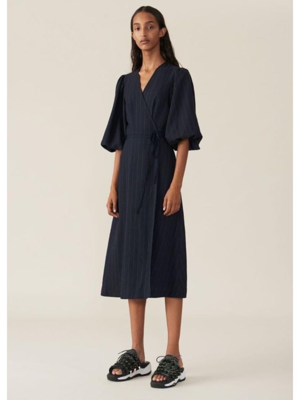 GANNI Pinstripe Wrap Dress